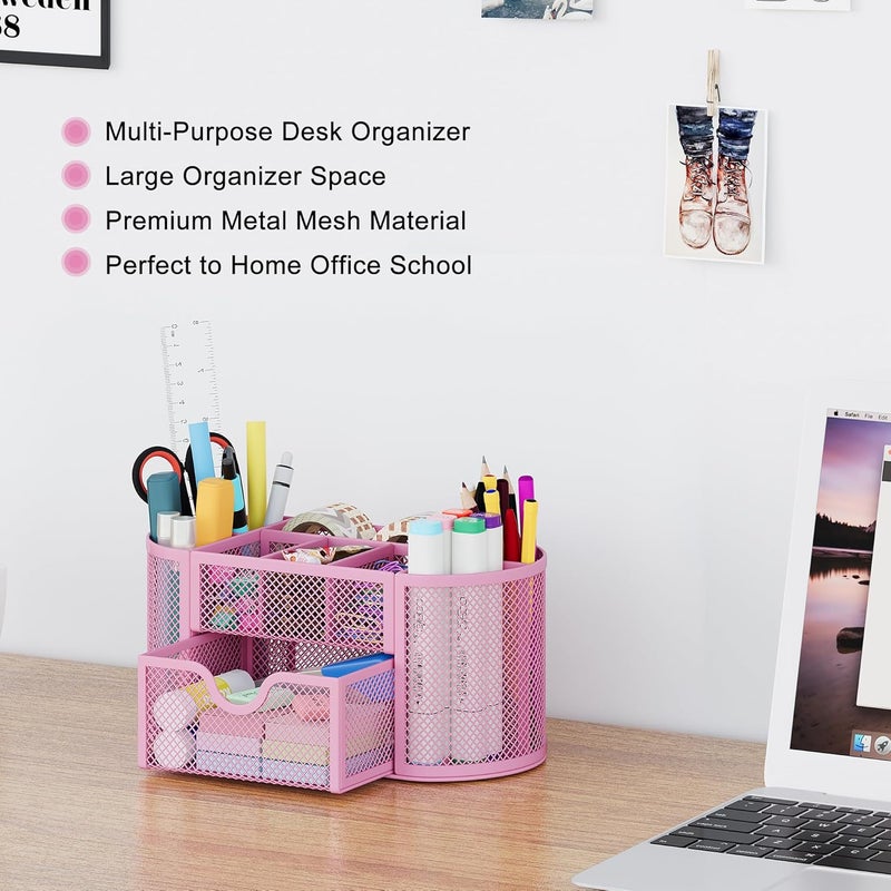 EasyPag Mesh Pen Holder Desk Organizer with Drawer Stationery Supplies Organizer for Dorm School 9 Compartments Workspace Desk Accessories Organization for Office, Light Pink - Image 2