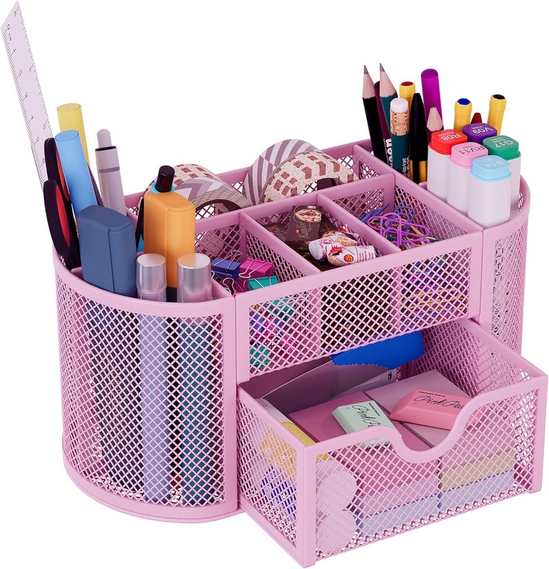 EasyPag Mesh Pen Holder Desk Organizer with Drawer Stationery Supplies Organizer for Dorm School 9 Compartments Workspace Desk Accessories Organization for Office, Light Pink - Image 1