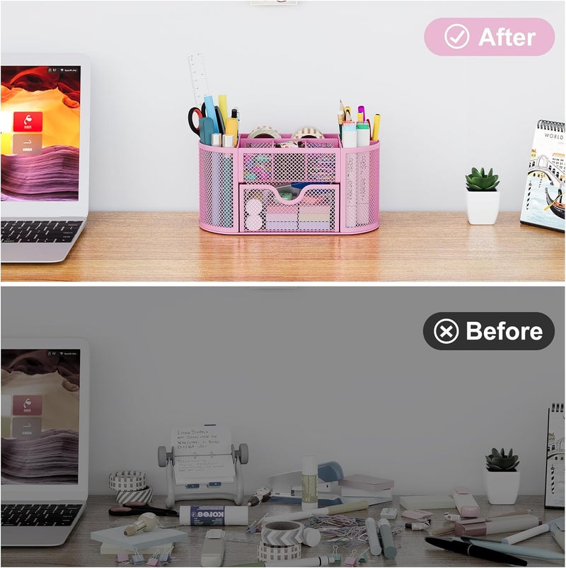 EasyPag Mesh Pen Holder Desk Organizer with Drawer Stationery Supplies Organizer for Dorm School 9 Compartments Workspace Desk Accessories Organization for Office, Light Pink - Image 4
