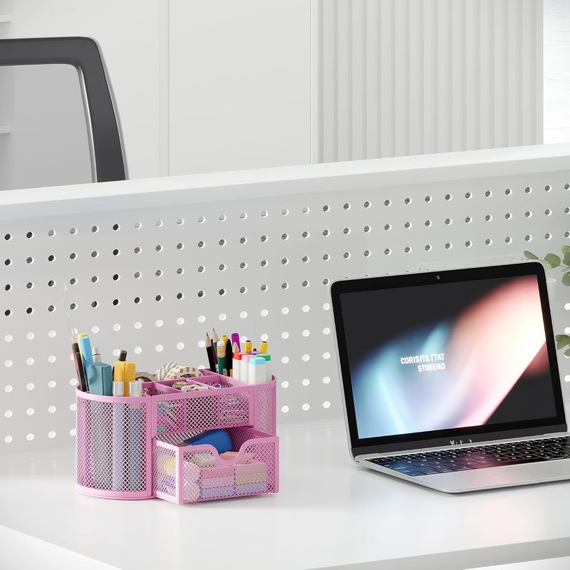 EasyPag Mesh Pen Holder Desk Organizer with Drawer Stationery Supplies Organizer for Dorm School 9 Compartments Workspace Desk Accessories Organization for Office, Light Pink - Image 5