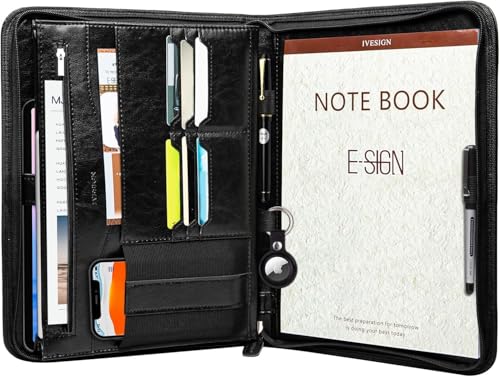IVESIGN Zippered Padfolio for Women & Men Resume Portfolio Folder Vegan Leather Salesman Business Organizer Planner,with Writing Pad Interior 10.1 Inch Tablet Sleeve Black - Image 1