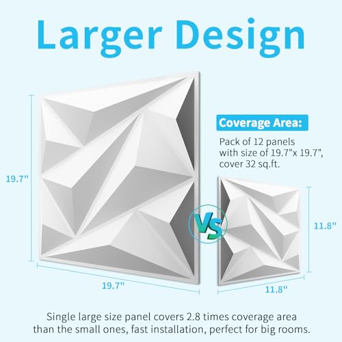 Art3dwallpanels PVC 3D Wall Panel Diamond for Interior Wall Décor in White, 19.7" x 19.7" Wall Decor PVC Panel, 3D Textured Wall Panels, Pack of 12 Tiles - Image 2