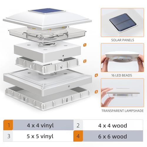 APONUO 6 Pack Solar Post Cap Lights, 2 Modes(Warm/Cool Light) Outdoor Waterproof Fence Post Solar Lights, Solar Powered Garden, Patio, Deck Decor for 4x4, 5x5, 5.5x5.5 Wood & Vinyl Posts, White - Image 3