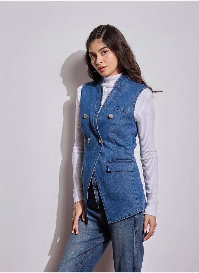 SASSAFRAS Denim Flap Pocket Sleeveless Jacket by Styli  - Image 3