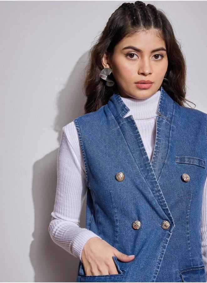 SASSAFRAS Denim Flap Pocket Sleeveless Jacket by Styli  - Image 4
