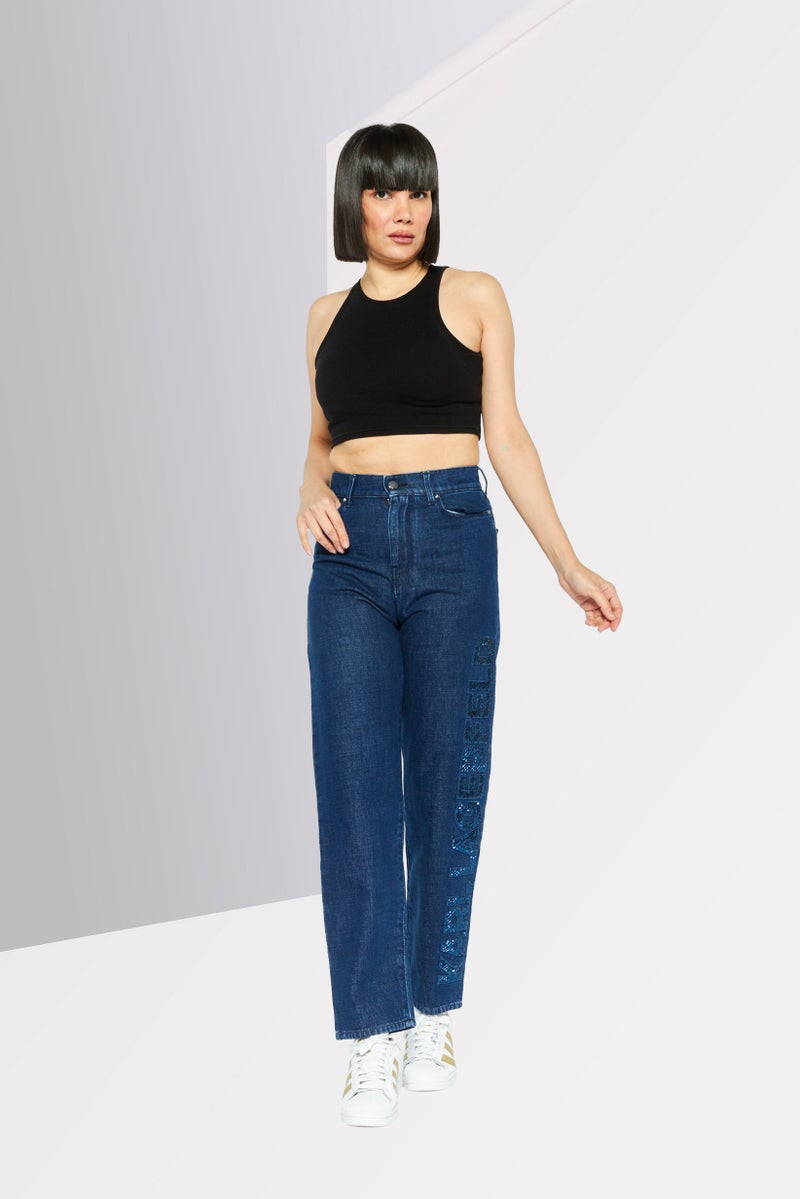 Karl Lagerfeld Women Regular Fit Washed Denim Pants, Dark Blue - Image 2
