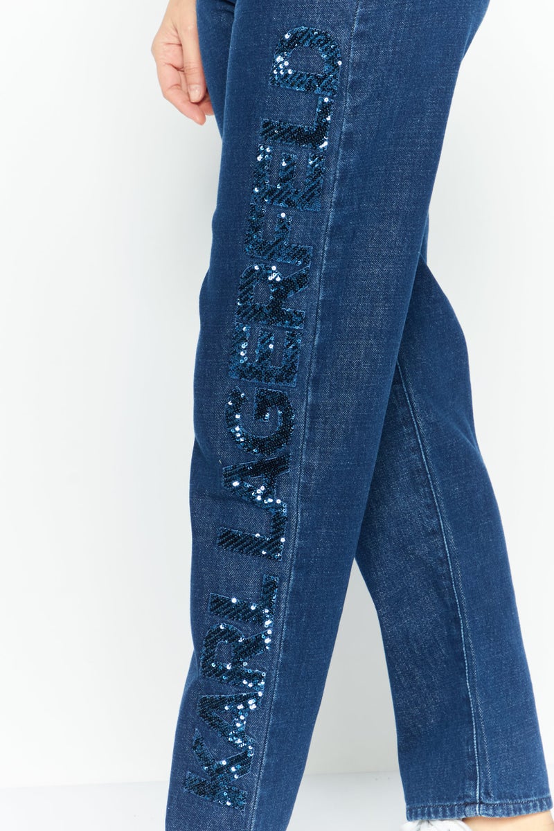 Karl Lagerfeld Women Regular Fit Washed Denim Pants, Dark Blue - Image 3