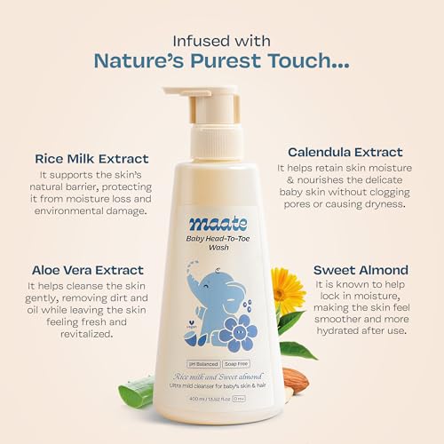 Maate Baby Head to Toe Wash 400 ml | Baby Hair & Body Wash for Bath | Aloe Vera, Almond Oil, Rice Milk & Calendula | Gentle, Soap & Tear Free, pH Balanced Cleanser | For Newborns, Infants & Babies 0m+ - Image 4