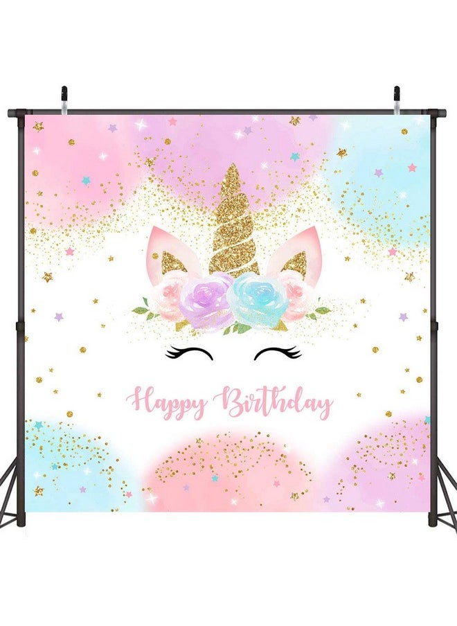 Mocsicka Rainbow Unicorn Backdrop Happy Birthday Party Decorations For Girls Watercolor Floral Glitter Stars Dots Unicorncake Table Banner Supplies Studio Props (6X6Ft)  - Image 2