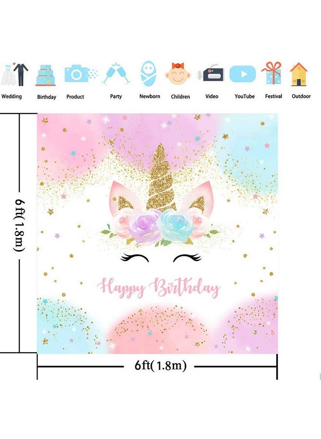 Mocsicka Rainbow Unicorn Backdrop Happy Birthday Party Decorations For Girls Watercolor Floral Glitter Stars Dots Unicorncake Table Banner Supplies Studio Props (6X6Ft)  - Image 3