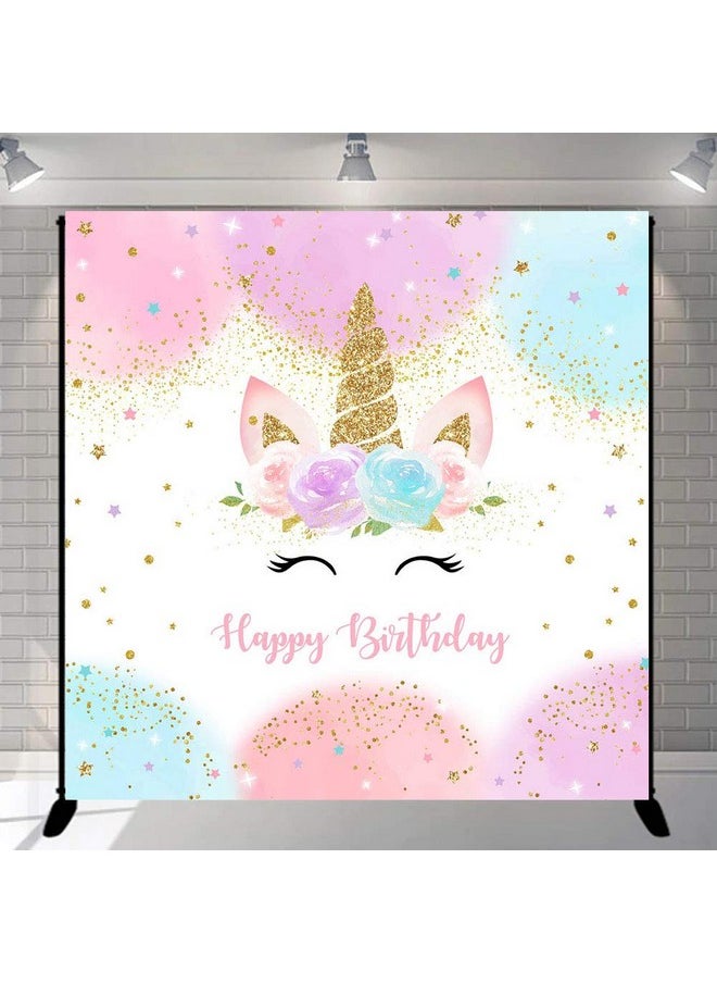 Mocsicka Rainbow Unicorn Backdrop Happy Birthday Party Decorations For Girls Watercolor Floral Glitter Stars Dots Unicorncake Table Banner Supplies Studio Props (6X6Ft)  - Image 1