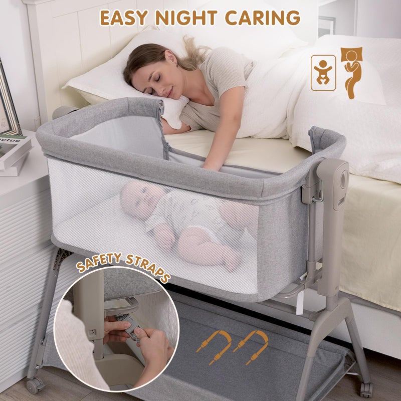 Ezebaby Baby Bassinet Bedside Crib, 3-in-1 Rocking Bassinets Bedside Sleeper with Comfy Mattress and Wheels, 6-Height Adjustable, Stable and Secure Crib for Newborn Infant - Image 3