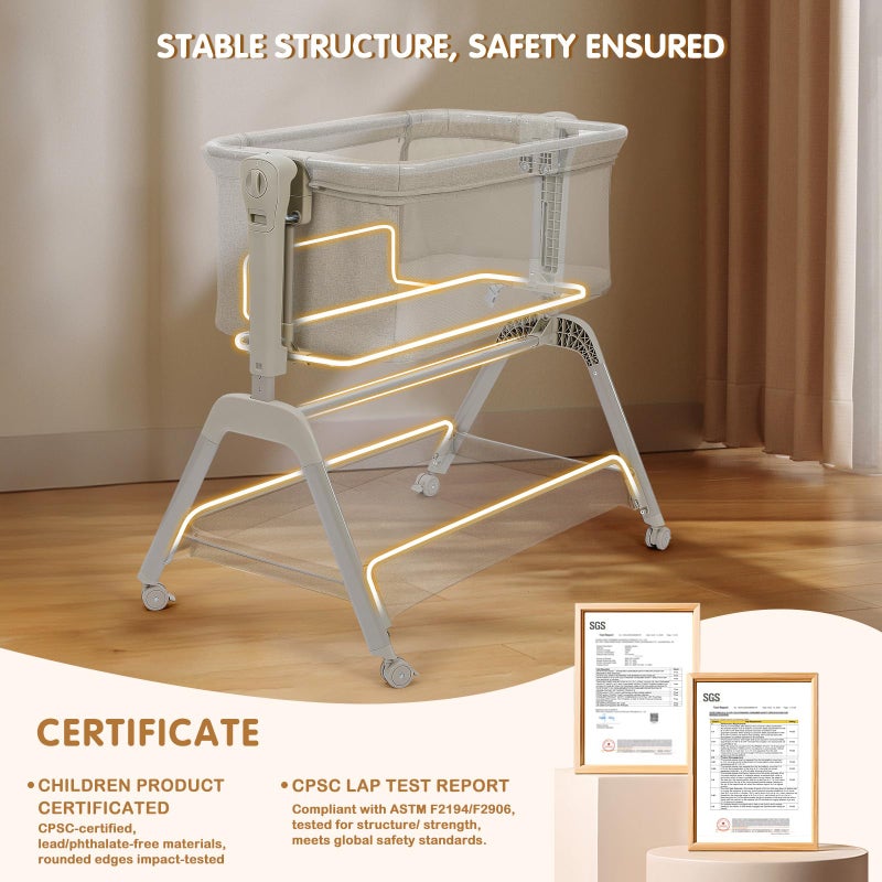 Ezebaby Baby Bassinet Bedside Crib, 3-in-1 Rocking Bassinets Bedside Sleeper with Comfy Mattress and Wheels, 6-Height Adjustable, Stable and Secure Crib for Newborn Infant - Image 5