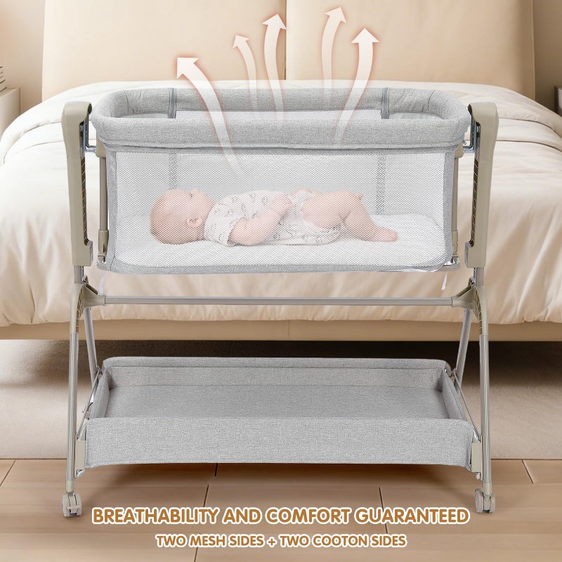 Ezebaby Baby Bassinet Bedside Crib, 3-in-1 Rocking Bassinets Bedside Sleeper with Comfy Mattress and Wheels, 6-Height Adjustable, Stable and Secure Crib for Newborn Infant - Image 4
