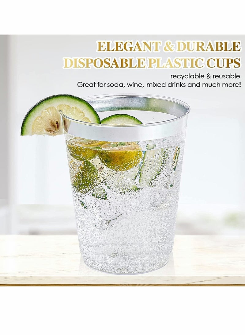 Excefore Silver Rimmed Plastic Cup, 20Pack 10oz Clear Plastic Cups Tumblers, Fancy Disposable Hard Plastic Cups with Gold Rim for Wedding Cups Elegant Party Cup - Image 2