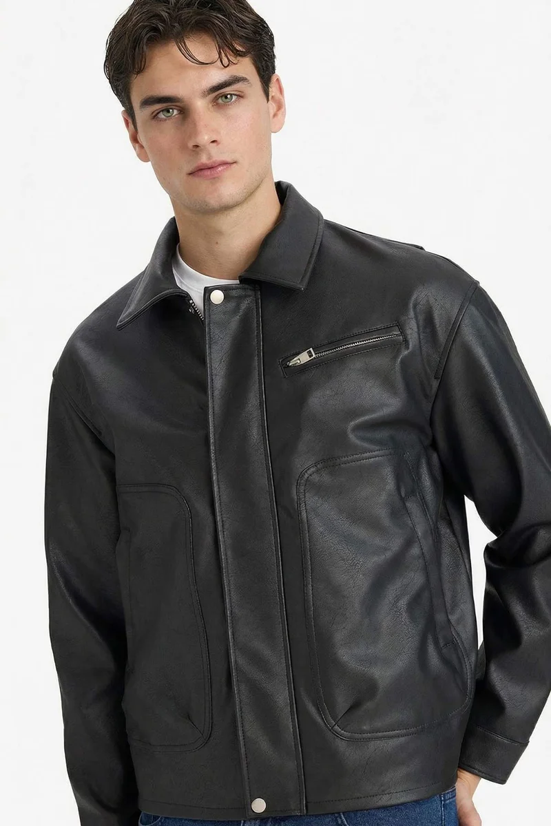 ديفاكتو Oversize Fit Shirt Collar Zip-Up Faux Leather Jacket