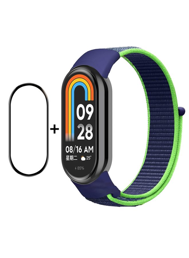 Replacement Strap For Xiaomi Mi Band 8 ENKAY Hat-Prince 2 in 1 Set Full Coverage Screen Protector + Nylon Loop Watch Band Blue+Green
