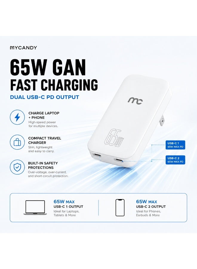 MYCANDY Gtc-D370 Gan Slim Travel Charger 65W Dual Usb-C Pd Fast Wall Charger, White White - Image 1