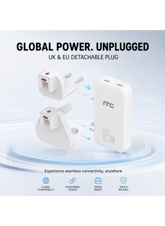 MYCANDY Gtc-D370 Gan Slim Travel Charger 65W Dual Usb-C Pd Fast Wall Charger, White White - Image 4