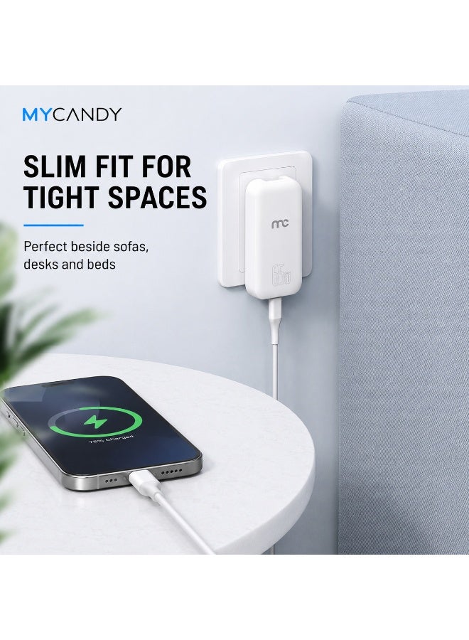 MYCANDY Gtc-D370 Gan Slim Travel Charger 65W Dual Usb-C Pd Fast Wall Charger, White White - Image 5