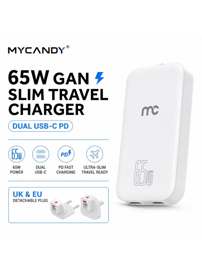 MYCANDY Gtc-D370 Gan Slim Travel Charger 65W Dual Usb-C Pd Fast Wall Charger, White White - Image 2
