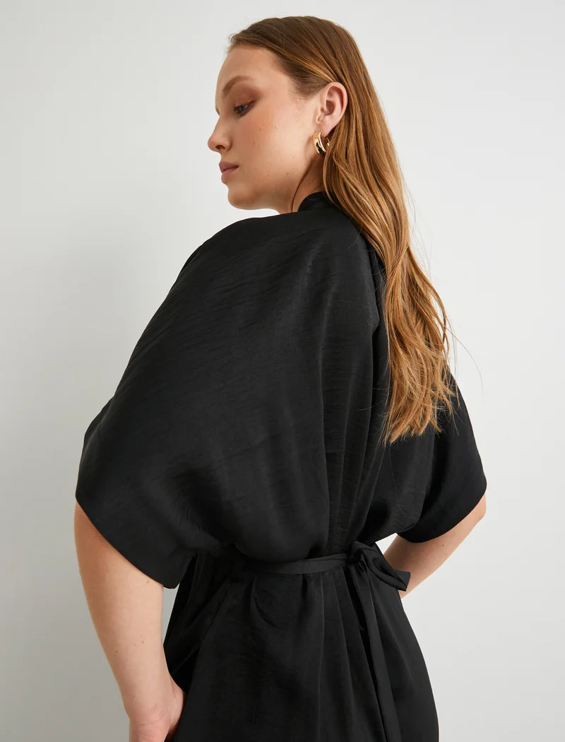 كوتون Short Sleeve Pocket Detail V Neck Midi Dress