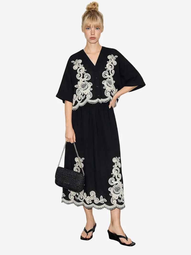بيانكو لوتشي LUCCI Oversized V-neck Embroidered 3/4 Sleeve Shirt and Wide Leg Pants Set