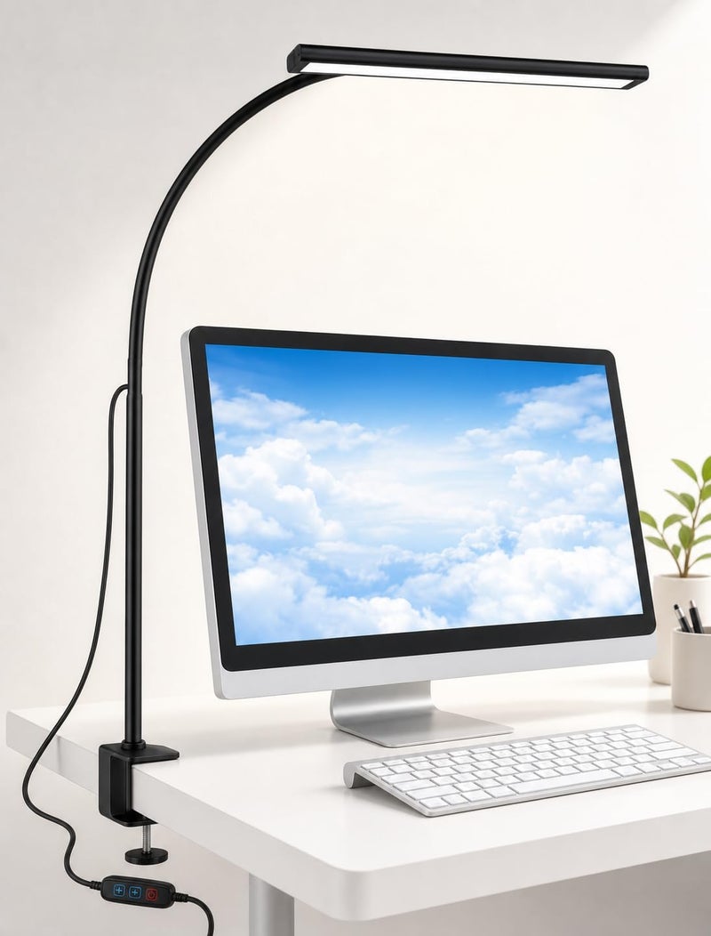 UREVO LED Desk Lamp with Clamp - Eye-Caring Task Light with 5 Colour Temperatures and 5 Brightness Levels, Black - Image 1