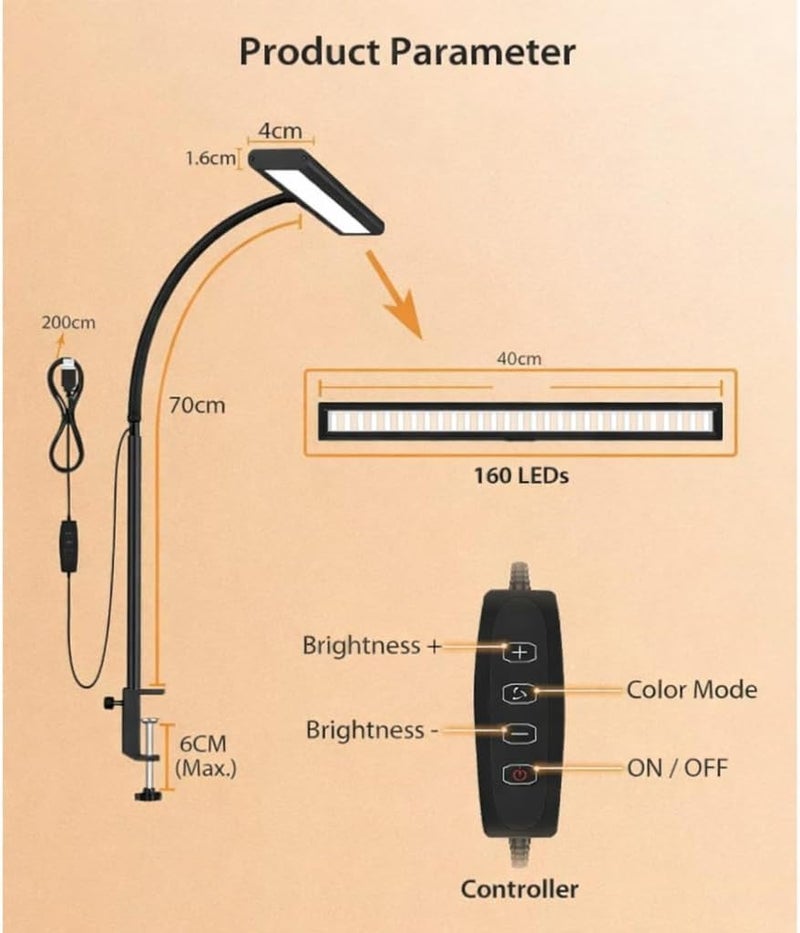 UREVO LED Desk Lamp with Clamp - Eye-Caring Task Light with 5 Colour Temperatures and 5 Brightness Levels, Black - Image 3
