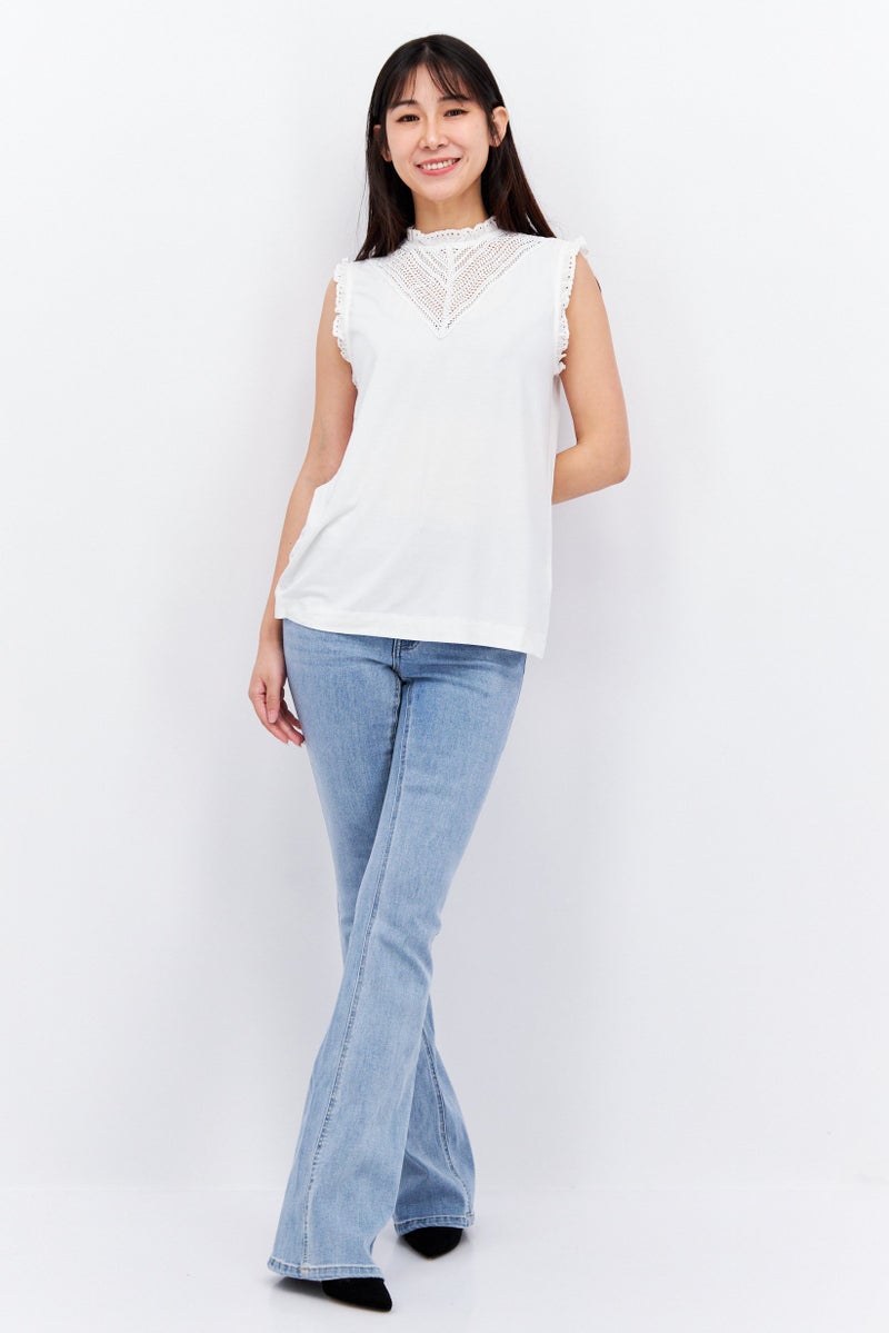 ESPRIT Women Ruffle Neck Sleeveless Solid Top, White  - Image 4