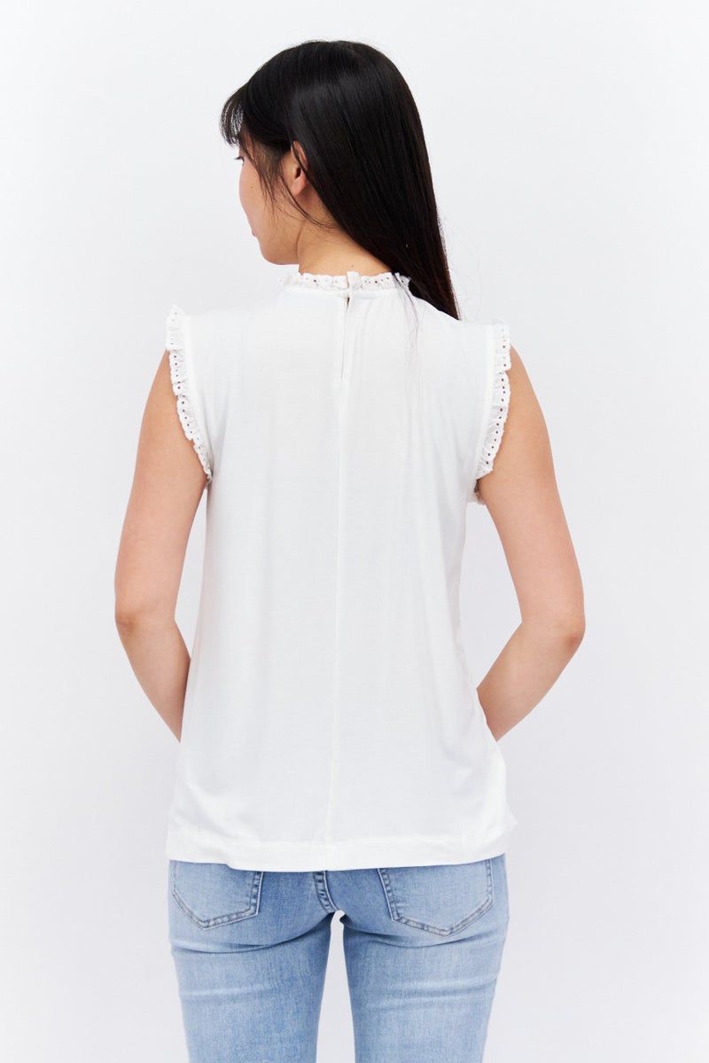 ESPRIT Women Ruffle Neck Sleeveless Solid Top, White  - Image 3