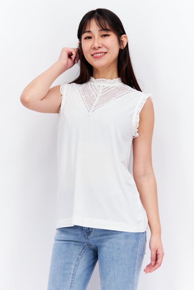 ESPRIT Women Ruffle Neck Sleeveless Solid Top, White  - Image 1