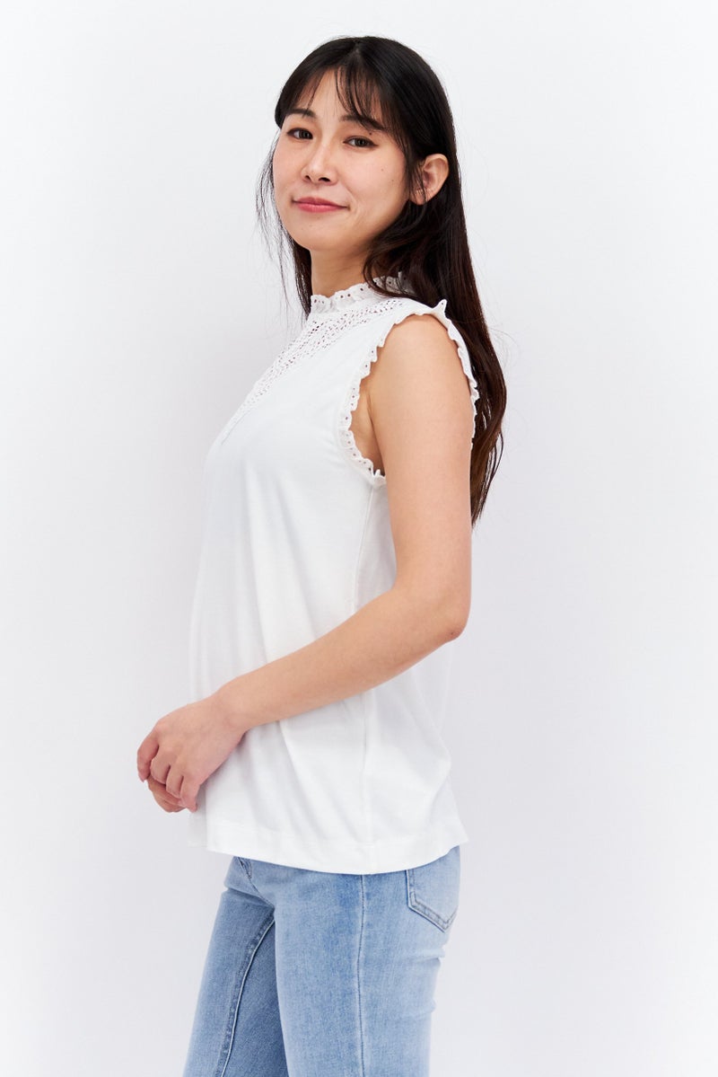 ESPRIT Women Ruffle Neck Sleeveless Solid Top, White  - Image 2