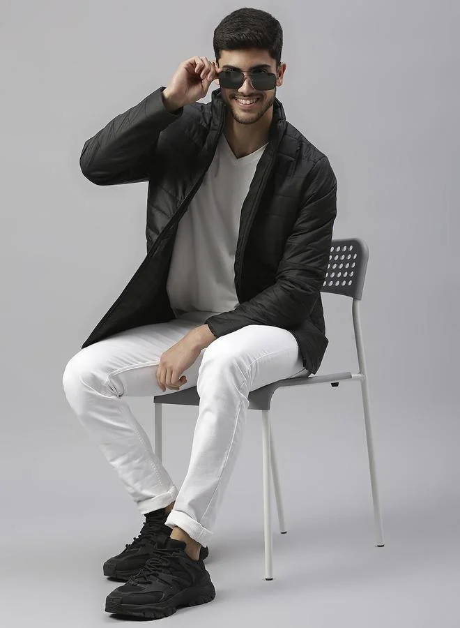 Dennis Lingo Black Regular Fit Men's Solid Polyester Jacket with Spread Collar and Full Sleeves
