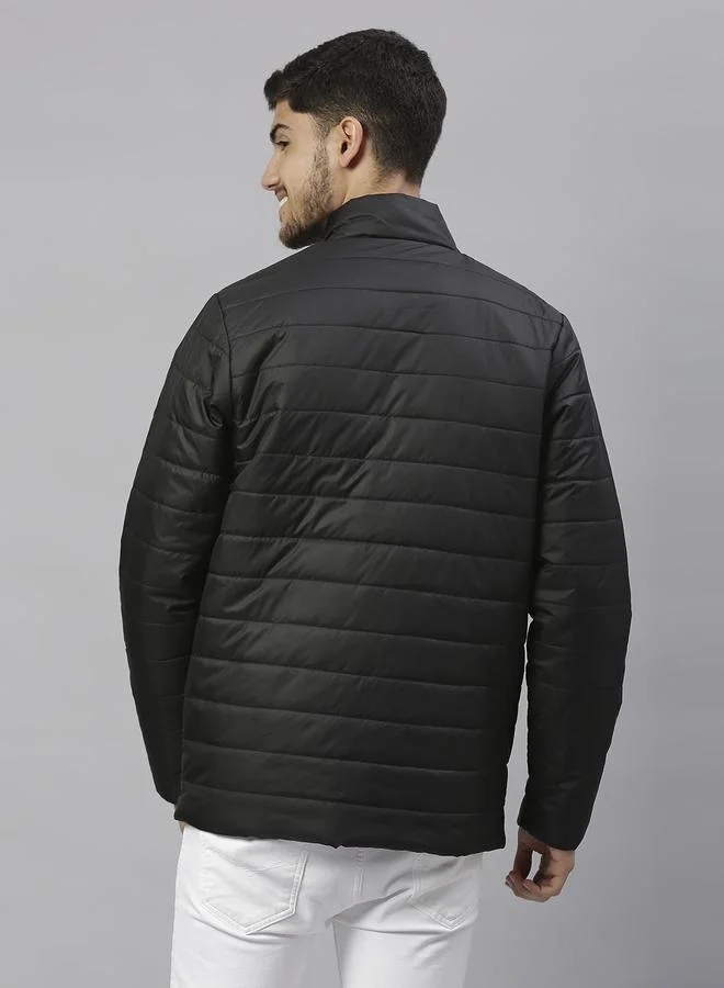 Dennis Lingo Black Regular Fit Men's Solid Polyester Jacket with Spread Collar and Full Sleeves