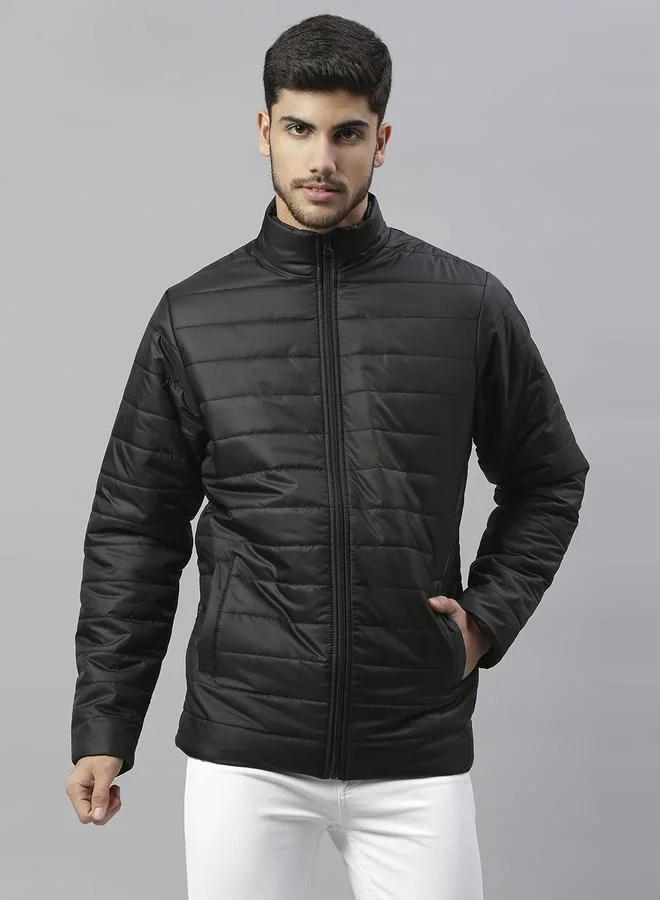 Dennis Lingo Black Regular Fit Men's Solid Polyester Jacket with Spread Collar and Full Sleeves
