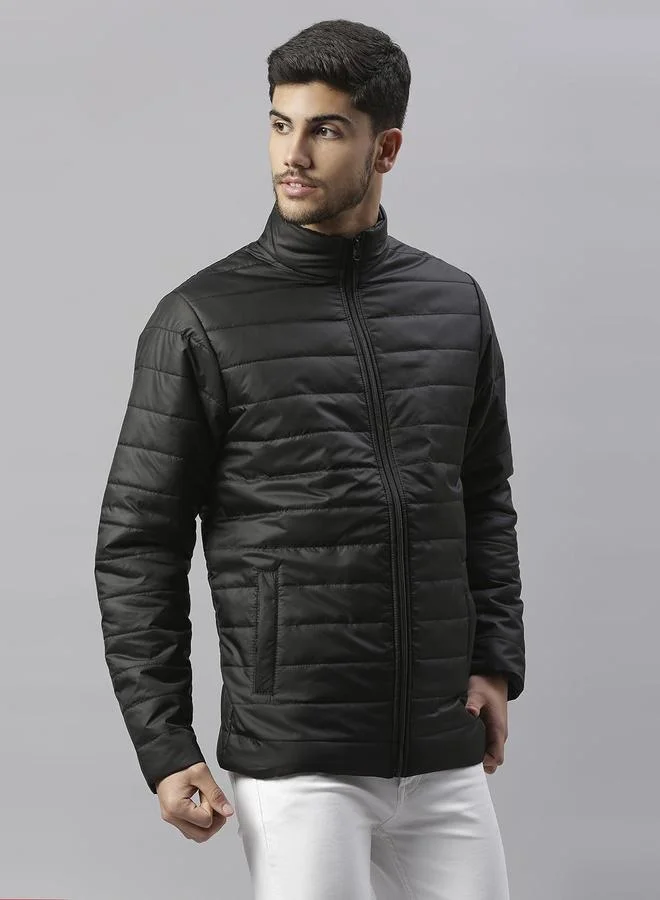 Dennis Lingo Black Regular Fit Men's Solid Polyester Jacket with Spread Collar and Full Sleeves
