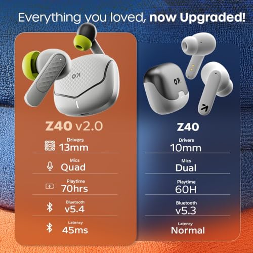 GOBOULT Z40 V2.0 with 70H Playtime, Quad Mic ENC, 45ms Low Latency, 13mm Bass, Legacy Continues, IPX5, Bluetooth 5.4, TWS Truly Wireless in Ear Earbuds (Arctic Blue) (Solar Orange) - Image 4