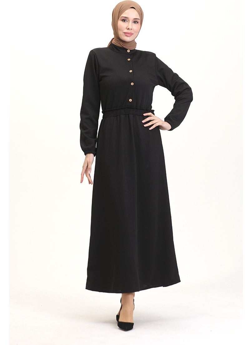 Sefa Merve - Judge Collar Half Buttoned Dress 0522-02 Black - Image 1