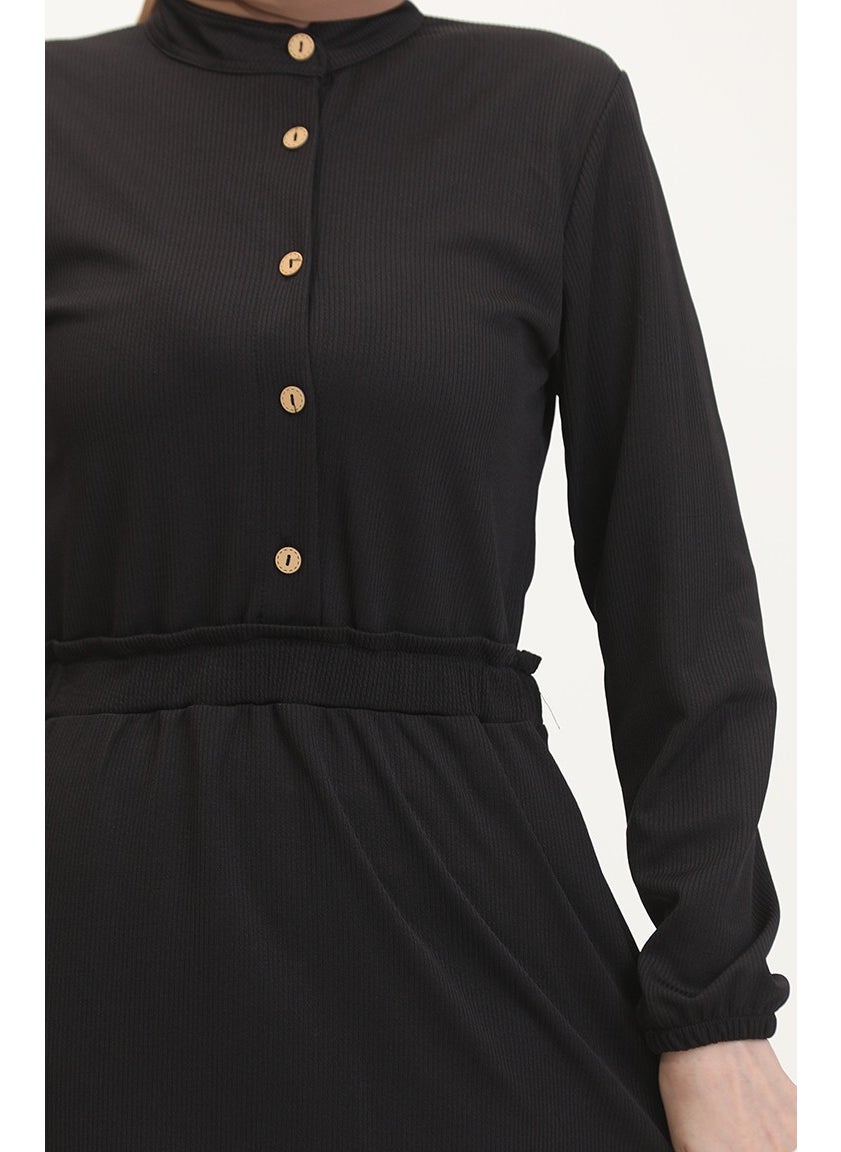 Sefa Merve - Judge Collar Half Buttoned Dress 0522-02 Black - Image 1