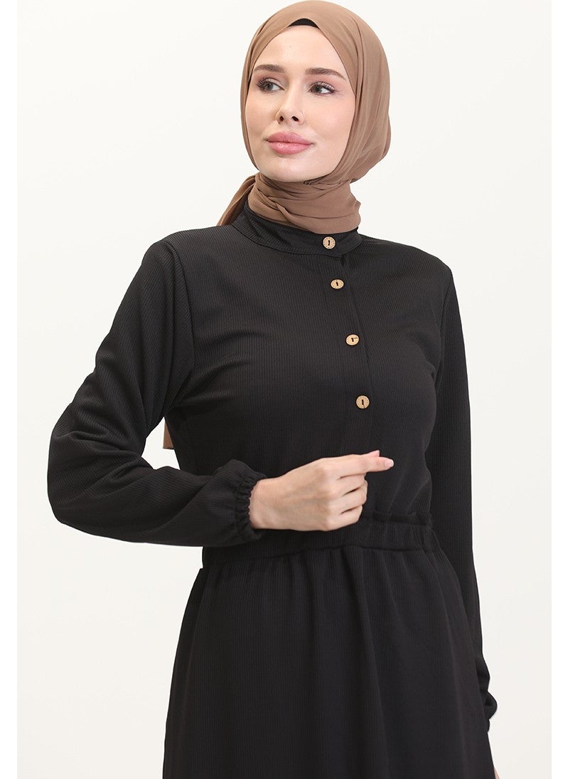 Sefa Merve - Judge Collar Half Buttoned Dress 0522-02 Black - Image 1