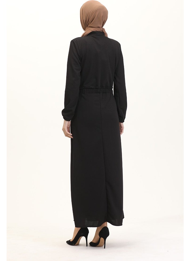 Sefa Merve - Judge Collar Half Buttoned Dress 0522-02 Black - Image 1
