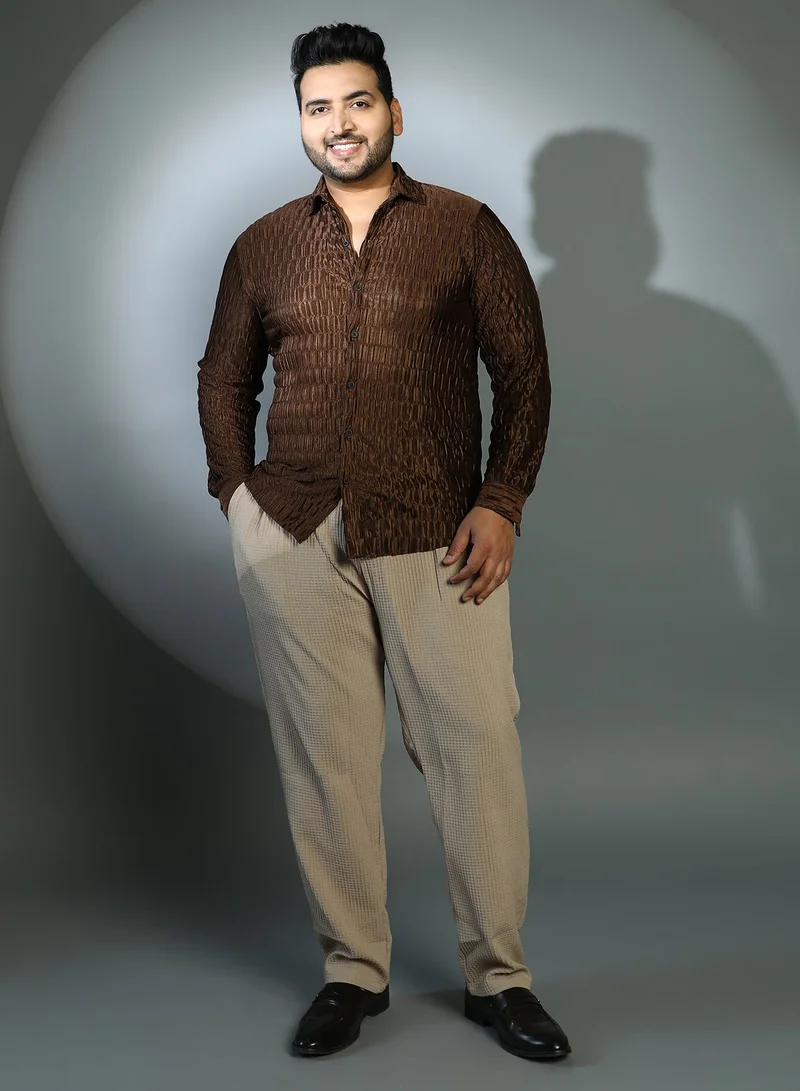 Instafab Plus  Instafab Plus Men's Coffee Brown Ruche-Pleated Shirt For Casual Wear | Spread Collar | Long Cuffed Sleeves | Button Closure | Plus Size Shirt Crafted With Comfort Fit For Everyday Wear for Men | Best Price UAE