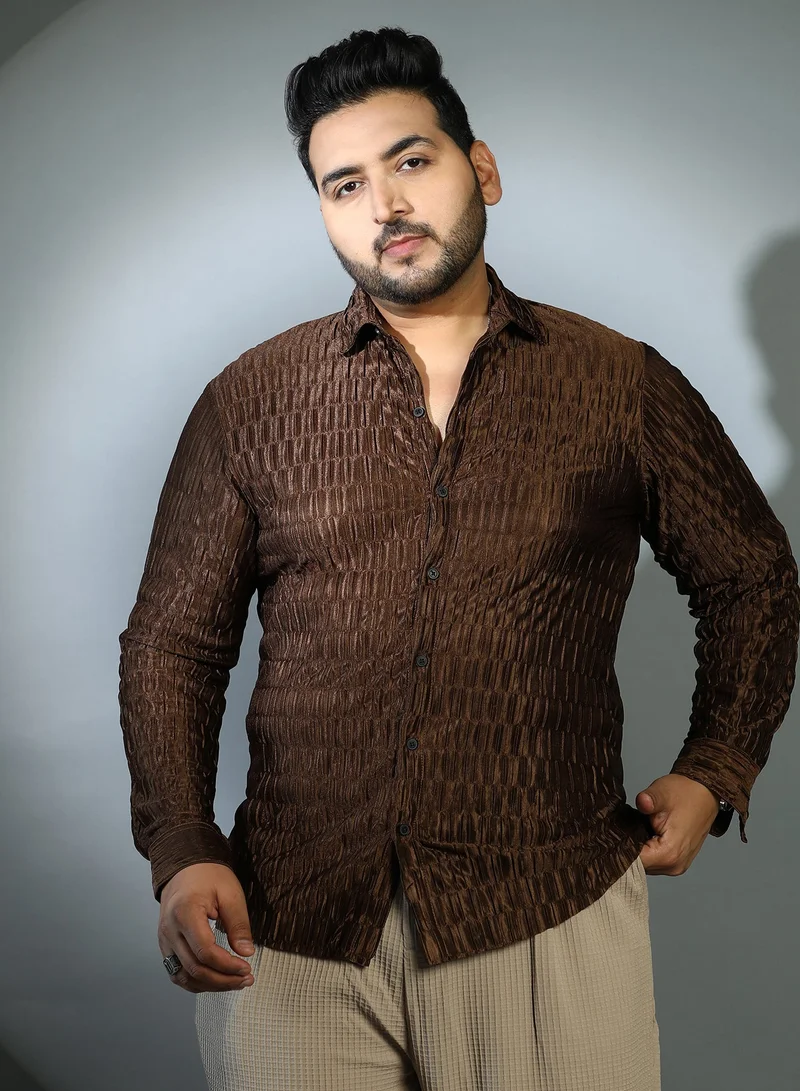 Instafab Plus Instafab Plus Men's Coffee Brown Ruche-Pleated Shirt For Casual Wear | Spread Collar | Long Cuffed Sleeves | Button Closure | Plus Size Shirt Crafted With Comfort Fit For Everyday Wear