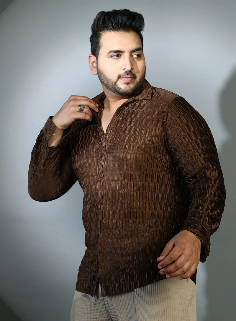 Instafab Plus  Instafab Plus Men's Coffee Brown Ruche-Pleated Shirt For Casual Wear | Spread Collar | Long Cuffed Sleeves | Button Closure | Plus Size Shirt Crafted With Comfort Fit For Everyday Wear for Men | Best Price UAE