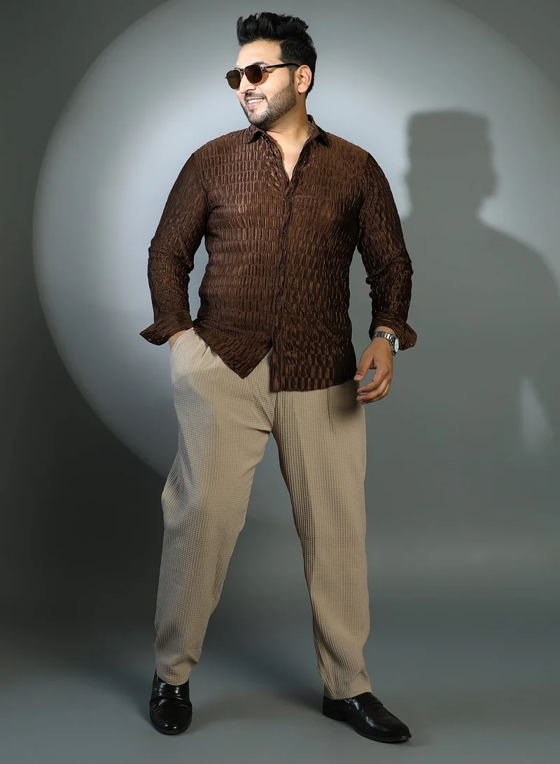 Instafab Plus  Instafab Plus Men's Coffee Brown Ruche-Pleated Shirt For Casual Wear | Spread Collar | Long Cuffed Sleeves | Button Closure | Plus Size Shirt Crafted With Comfort Fit For Everyday Wear for Men | Best Price UAE