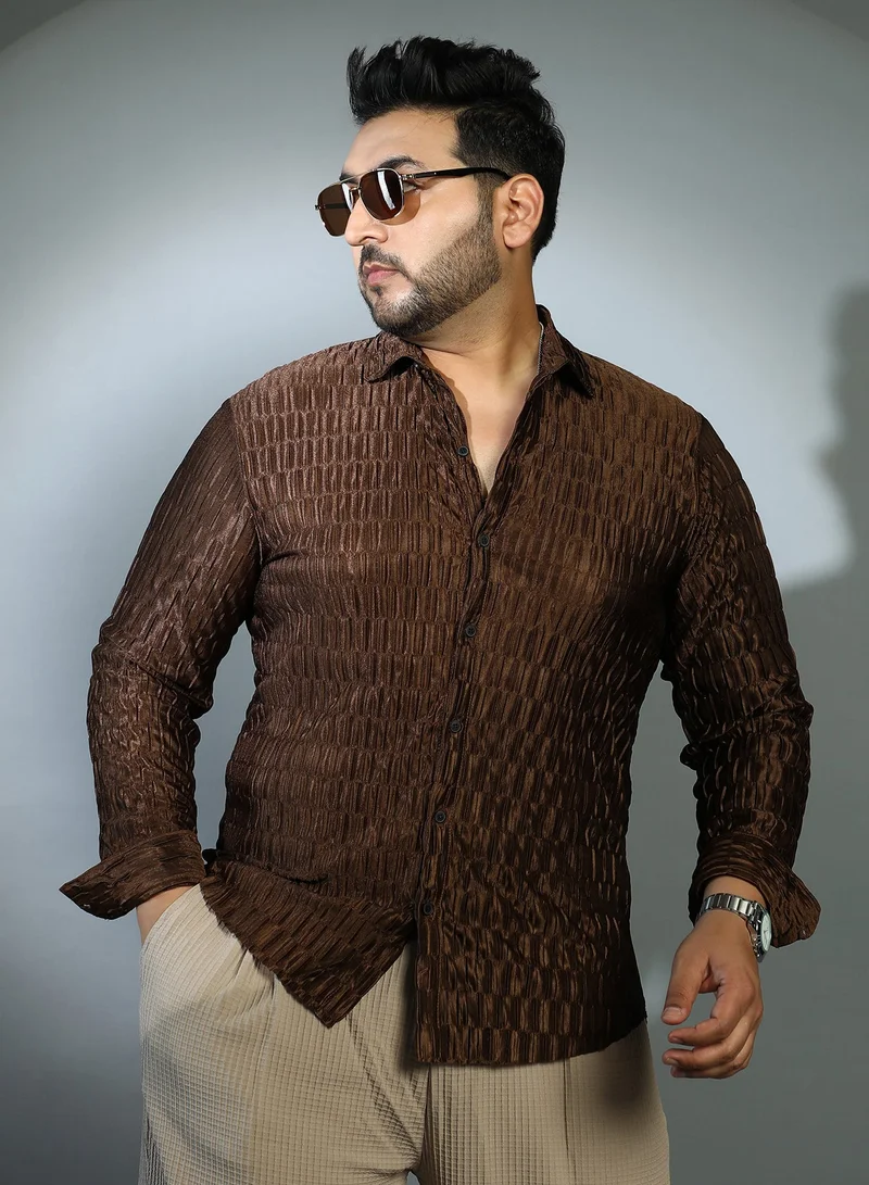 Instafab Plus Instafab Plus Men's Coffee Brown Ruche-Pleated Shirt For Casual Wear | Spread Collar | Long Cuffed Sleeves | Button Closure | Plus Size Shirt Crafted With Comfort Fit For Everyday Wear
