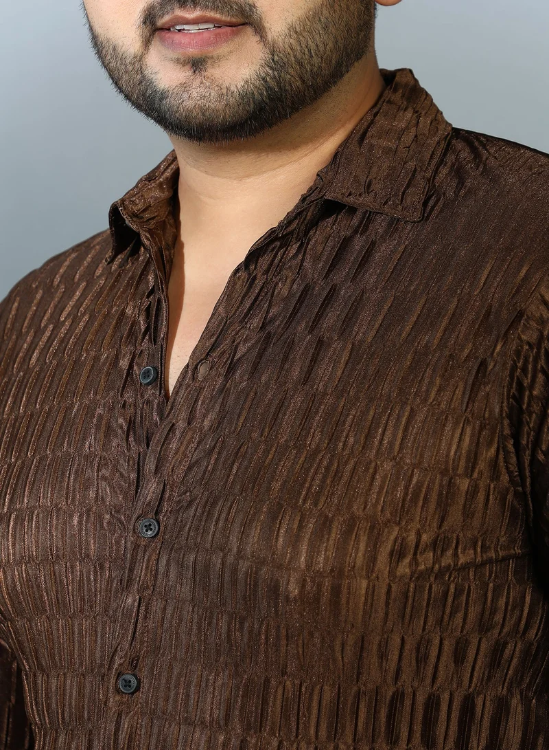 Instafab Plus  Instafab Plus Men's Coffee Brown Ruche-Pleated Shirt For Casual Wear | Spread Collar | Long Cuffed Sleeves | Button Closure | Plus Size Shirt Crafted With Comfort Fit For Everyday Wear for Men | Best Price UAE