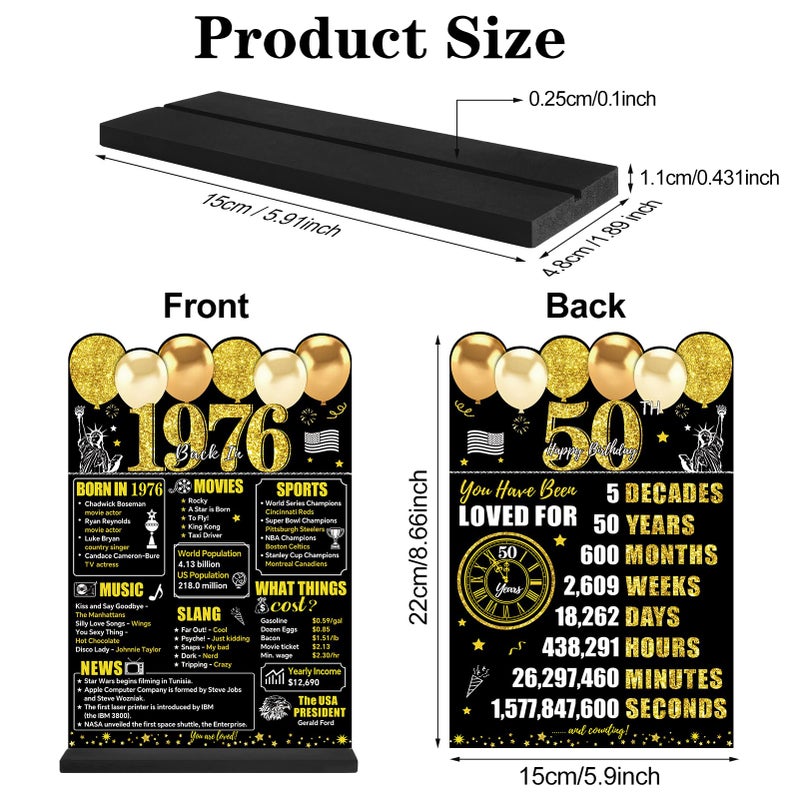 Guiruiy Black Gold 50th Birthday Decorations for Men Women, Two-Sided Vintage 50 Back in 1976 Theme Poster Wooden Table Sign with Stand, Fifty Years Old Bday Centerpieces Display Holder for Table Decor - Image 2