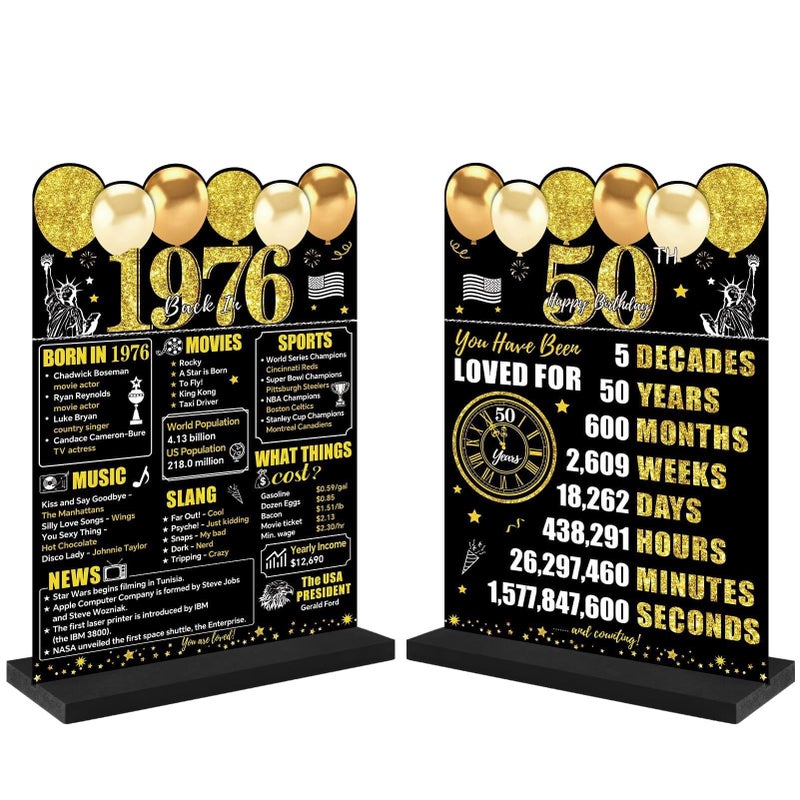 Guiruiy Black Gold 50th Birthday Decorations for Men Women, Two-Sided Vintage 50 Back in 1976 Theme Poster Wooden Table Sign with Stand, Fifty Years Old Bday Centerpieces Display Holder for Table Decor - Image 1